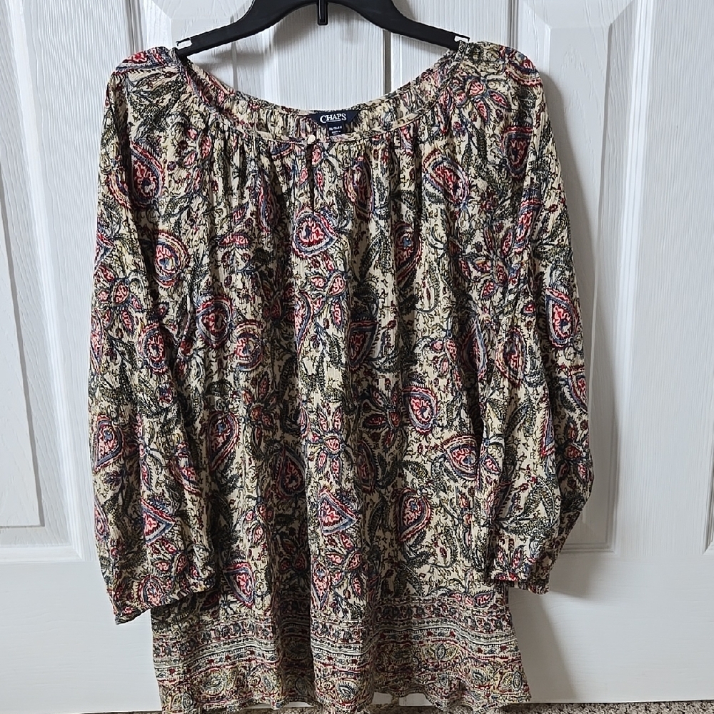 Chaps Red and Green Relaxed Pleated Blouse